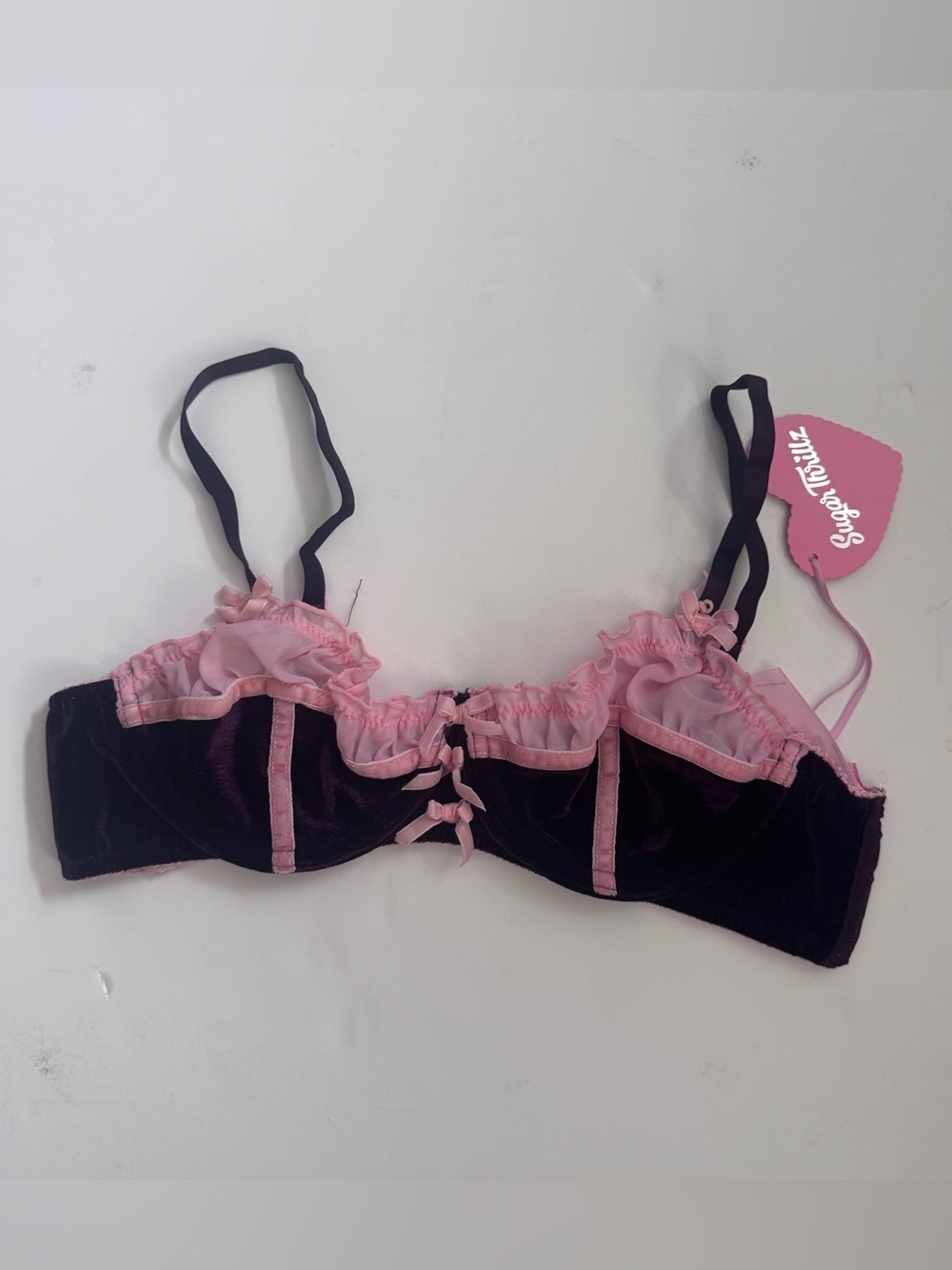 Sugar Thrillz Pink & Burgundy, Velvet & Lace Bows Bra Size Large NWT